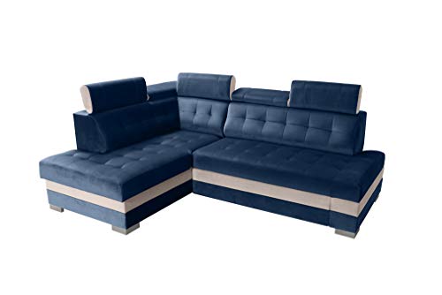 Robin Paris Ecksofa mit Schlaffunktion Bettkasten 5 Verstellbare Kopfstützen Sofa L-Form Schlafsofa Freistehende Eckcouch Schlafcouch Wohnzimmermöbel Wohnlandschaft Blau Creme von Robin