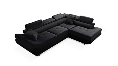 Robin Saturn Ecksofa mit Schlaffunktion Bettkasten 5 Verstellbare Kopfstützen 2 Kissen Sofa L-Form Schlafsofa Freistehende Eckcouch Schlafcouch Wohnzimmermöbel Wohnlandschaft Rechts Schwarz von Robin