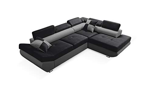 Robin Saturn Ecksofa mit Schlaffunktion Bettkasten 5 Verstellbare Kopfstützen 2 Kissen Sofa L-Form Schlafsofa Freistehende Eckcouch Schlafcouch Wohnzimmermöbel Wohnlandschaft Rechts Schwarz Grau von Robin