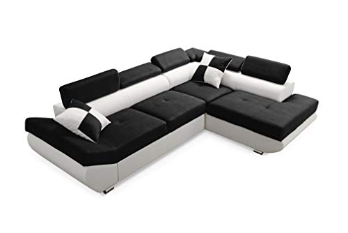 Robin Saturn Ecksofa mit Schlaffunktion Bettkasten 5 Verstellbare Kopfstützen 2 Kissen Sofa L-Form Schlafsofa Eckcouch Schlafcouch Wohnzimmermöbel Wohnlandschaft Rechts Schwarz Ultra Weiß von Robin