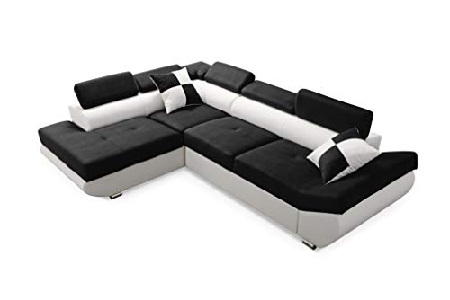 Robin Saturn Ecksofa mit Schlaffunktion Bettkasten 5 Verstellbare Kopfstützen 2 Kissen Sofa L-Form Schlafsofa Eckcouch Schlafcouch Wohnzimmermöbel Wohnlandschaft Links Schwarz Ultra Weiß von Robin