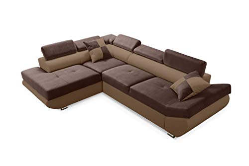 Robin Saturn Ecksofa mit Schlaffunktion Bettkasten 5 Verstellbare Kopfstützen 2 Kissen Sofa L-Form Schlafsofa Eckcouch Schlafcouch Wohnzimmermöbel Wohnlandschaft Links Schokolade Nougat von Robin