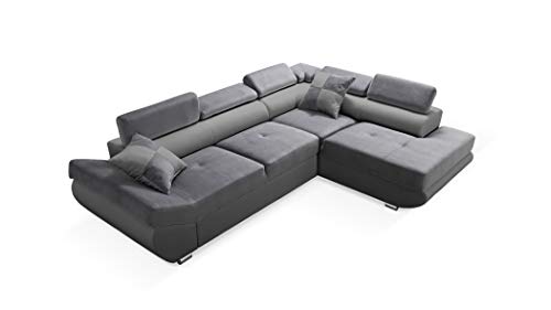 Robin Saturn Ecksofa mit Schlaffunktion Bettkasten 5 Verstellbare Kopfstützen 2 Kissen Sofa L-Form Schlafsofa Freistehende Eckcouch Schlafcouch Wohnzimmermöbel Wohnlandschaft Rechts Grau Schwarz von Robin