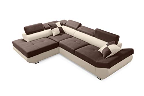 Robin Saturn Ecksofa mit Schlaffunktion Bettkasten 5 Verstellbare Kopfstützen 2 Kissen Sofa L-Form Schlafsofa Eckcouch Schlafcouch Wohnzimmermöbel Wohnlandschaft Links Schokolade Biscuit von Robin