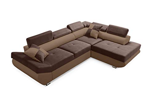 Robin Saturn Ecksofa mit Schlaffunktion Bettkasten 5 Verstellbare Kopfstützen 2 Kissen Sofa L-Form Schlafsofa Freistehende Eckcouch Schlafcouch Wohnzimmermöbel Wohnlandschaft Rechts Schokolade Nougat von Robin Inspire
