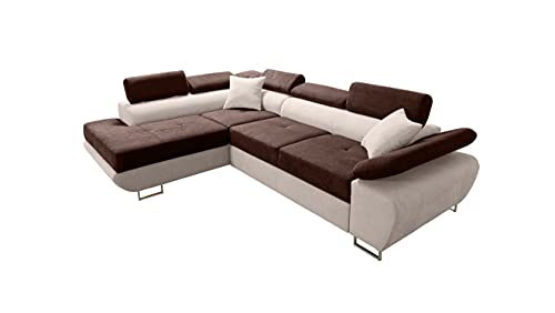 Robin Saturn Premium Ecksofa Schlaffunktion Bettkasten Verstellbare Kopfstützen Kissen Sofa L-Form Schlafsofa Freistehende Eckcouch Schlafcouch Wohnzimmermöbel Wohnlandschaft Links Braun Creme von Robin Inspire