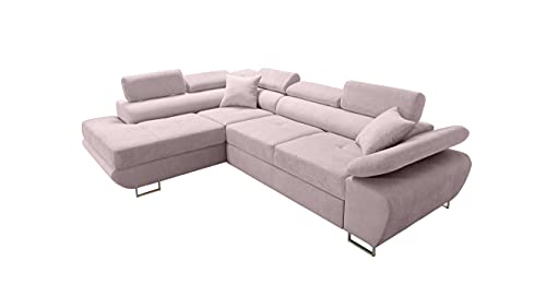 Robin Saturn Premium Ecksofa Schlaffunktion Bettkasten Verstellbare Kopfstützen Kissen Sofa L-Form Schlafsofa Freistehende Eckcouch Schlafcouch Wohnzimmermöbel Wohnlandschaft Links Flamingo von Robin