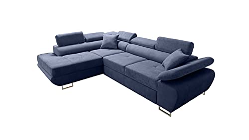 Robin Saturn Premium Ecksofa Schlaffunktion Bettkasten Verstellbare Kopfstützen Kissen Sofa L-Form Schlafsofa Freistehende Eckcouch Schlafcouch Wohnzimmermöbel Wohnlandschaft Links Marineblau von Robin