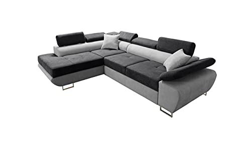 Robin Saturn Premium Ecksofa Schlaffunktion Bettkasten Verstellbare Kopfstützen Kissen Sofa L-Form Schlafsofa Freistehende Eckcouch Schlafcouch Wohnzimmermöbel Wohnlandschaft Links Schwarz Silber von Robin