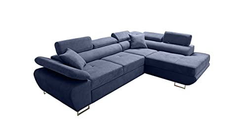 Robin Saturn Premium Ecksofa Schlaffunktion Bettkasten Verstellbare Kopfstützen Kissen Sofa L-Form Schlafsofa Freistehende Eckcouch Schlafcouch Wohnzimmermöbel Wohnlandschaft Rechts Marineblau von Robin