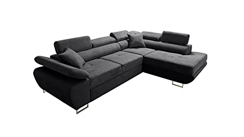 Robin Saturn Premium Ecksofa Schlaffunktion Bettkasten Verstellbare Kopfstützen Kissen Sofa L-Form Schlafsofa Freistehende Eckcouch Schlafcouch Wohnzimmermöbel Wohnlandschaft Rechts Schwarz von Robin