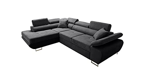 Robin Saturn Premium Ecksofa Schlaffunktion Bettkasten Verstellbare Kopfstützen Kissen Sofa L-Form Schlafsofa Freistehende Eckcouch Schlafcouch Wohnzimmermöbel Wohnlandschaft Links Schwarz von Robin