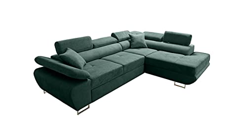 Robin Saturn Premium Ecksofa Schlaffunktion Bettkasten Verstellbare Kopfstützen Kissen Sofa L-Form Schlafsofa Freistehende Eckcouch Schlafcouch Wohnzimmermöbel Wohnlandschaft Rechts Flaschengrün von Robin