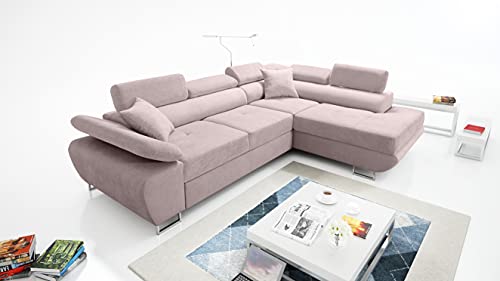 Robin Saturn Premium Ecksofa Schlaffunktion Bettkasten Verstellbare Kopfstützen Kissen Sofa L-Form Schlafsofa Freistehende Eckcouch Schlafcouch Wohnzimmermöbel Wohnlandschaft Rechts Flamingo von Robin