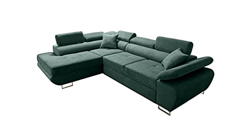 Robin Saturn Premium Ecksofa Schlaffunktion Bettkasten Verstellbare Kopfstützen Kissen Sofa L-Form Schlafsofa Freistehende Eckcouch Schlafcouch Wohnzimmermöbel Wohnlandschaft Links Flaschengrün von Robin