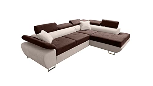 Robin Saturn Premium Ecksofa Schlaffunktion Bettkasten Verstellbare Kopfstützen Kissen Sofa L-Form Schlafsofa Freistehende Eckcouch Schlafcouch Wohnzimmermöbel Wohnlandschaft Rechts Braun Creme von Robin