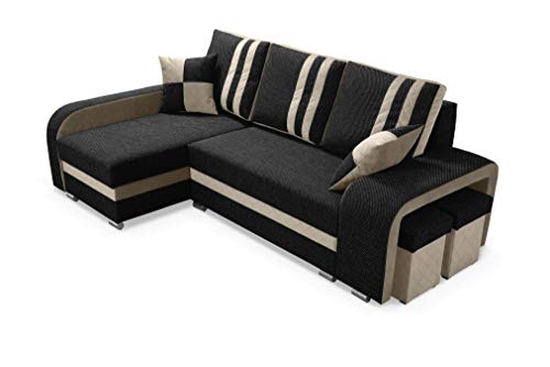 Robin York Ecksofa mit Schlaffunktion 2X Bettkasten 2X Kleine Kissen 2X Hocker Sofa L-Form Schlafsofa Freistehende Eckcouch Schlafcouch Wohnzimmermöbel Wohnlandschaft Schwarz Beige von Robin