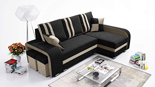 Robin York Ecksofa mit Schlaffunktion 2X Bettkasten 2X Kleine Kissen 2X Hocker Sofa L-Form Schlafsofa Freistehende Eckcouch Schlafcouch Wohnzimmermöbel Wohnlandschaft Rechts Schwarz Beige von Robin Inspire