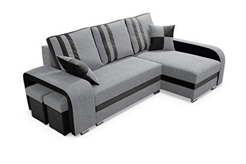 Robin York Ecksofa mit Schlaffunktion 2X Bettkasten 2X Kleine Kissen 2X Hocker Sofa L-Form Schlafsofa Freistehende Eckcouch Schlafcouch Wohnzimmermöbel Wohnlandschaft Rechts Schwarz Grau von Robin