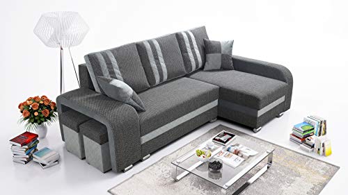 Robin York Ecksofa mit Schlaffunktion 2X Bettkasten 2X Kleine Kissen 2X Hocker Sofa L-Form Schlafsofa Freistehende Eckcouch Schlafcouch Wohnzimmermöbel Wohnlandschaft Rechts Grau von Robin