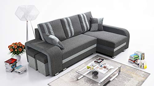 Robin York Ecksofa mit Schlaffunktion 2X Bettkasten 2X Kleine Kissen 2X Hocker Sofa L-Form Schlafsofa Freistehende Eckcouch Schlafcouch Wohnzimmermöbel Wohnlandschaft Rechts Grau von Robin Inspire