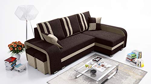 Robin York Ecksofa mit Schlaffunktion 2X Bettkasten 2X Kleine Kissen 2X Hocker Sofa L-Form Schlafsofa Freistehende Eckcouch Schlafcouch Wohnzimmermöbel Wohnlandschaft Rechts Beige von Robin