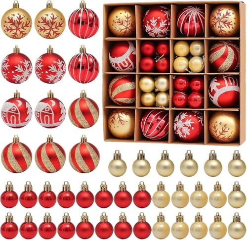 Robofun 44 Stücke Weihnachtskugeln Set, Robuste und Sichere Christbaumschmuck Set, Christbaumkugeln Rot Gold mit Aufhängen, Mehrweg Plastik Kleine Bälle Weihnachtsbaum Deko für Drinnen und Draußen von Robofun