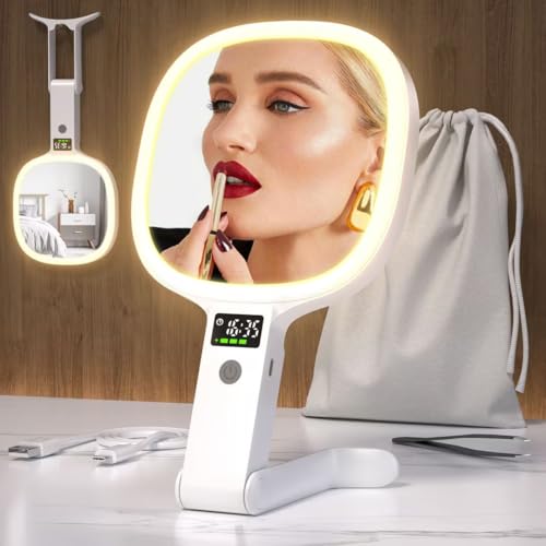 Robofun Schminkspiegel mit Beleuchtung und LED Display für Zeit - Akkustand - Helligkeit, Handgehaltener Kosmetikspiegel mit Beleuchtung, 1X/10X Vergrößerungsspiegel mit Vorder- und Rückschalter von Robofun