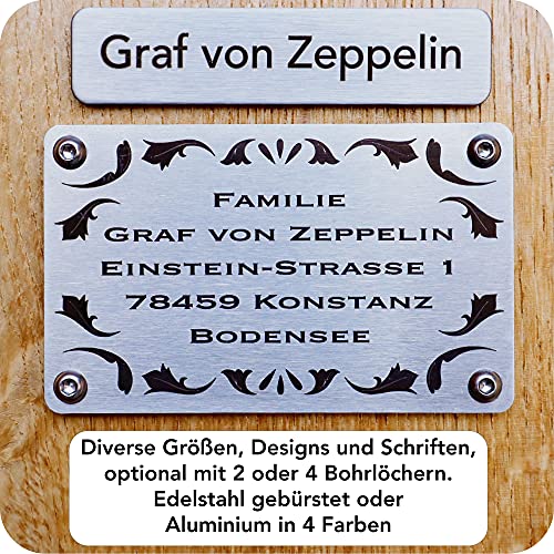 Roboterwerk Türschild, Briefkastenschild 60x20mm Klingelschild personalisiert, Edelstahl gebürstet bis 2 Zeilen, Laser graviert, selbstklebend, optional mit Muster und Bohrlöchern von Roboterwerk