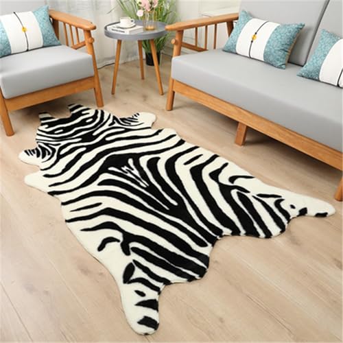 RobustWeg Teppich mit Zebramuster, Kunstfell, Tierdruck, 85*110cm, Schwarz und Weiß, Rutschfest, Wohnzimmer von RobustWeg