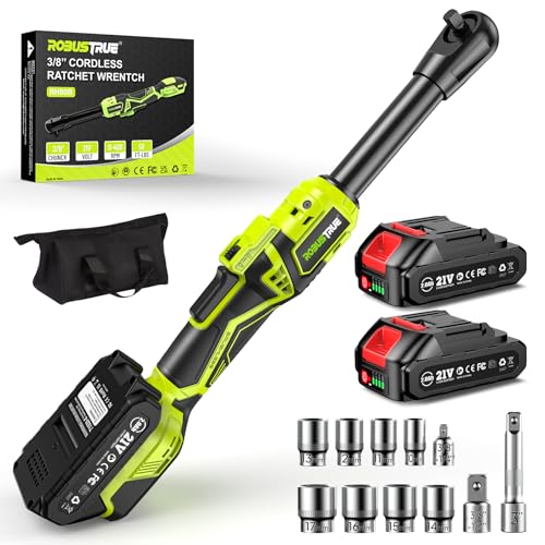 Robustrue 3/8" Akku Ratschenschlüssel 80N.m, 2 x 2000mAh Akku 400RPM Ratschenschlüssel, 21V Ratsche mit variabler Geschwindigkeit, 7 Steckschlüssel, 1/4" und 1/2" Adapter, 3" Verlängerungsstange von Robustrue