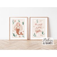 Meerjungfrau Kinderzimmer Kunstdruck Set, Dekor, 2Er Unter Dem Meer, Schlafzimmer, Kleine Meerjungfrau, Mädchen Und Kinderzimmer, Rosa Blush von RobynandRory