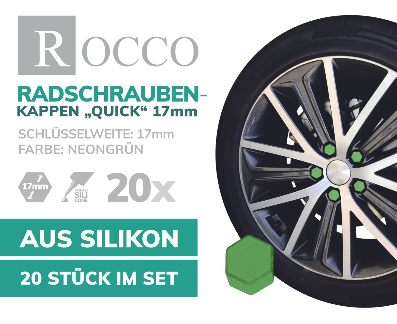 Rocco Radschraubenkappen 17 mm neon-grün 20 Stück von Rocco