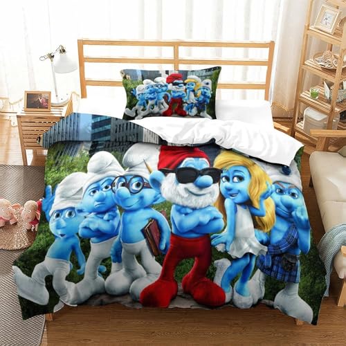Rochile Smurfs 3D Bettwäsche Set Kinder Bettbezug Set Betten Set Für Kinder Mädchen Jungen 2 Stück Ultraweiche Mikrofaser Bettwäsche Set Single（135x200cm） von Rochile