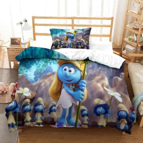Rochile Smurfs Bettwäsche Mikrofaser-Polyester Bettwäsche Set Für Mädchen Jungen 3D Druck Bettbezug Kissenbezug Dekoration Mit Reißveschluss Single（135x200cm） von Rochile