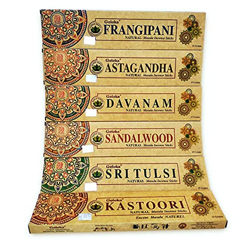 GOLOKA Masala Bio Natürliches Räucherstäbchen-Sortiment | Aromatherapie mit Natürlichem Weihrauch | Box 6 Pakete von 15 gr. | Verschiedene Düfte - Große Dauer - Zartes Aroma von Rock and Baby