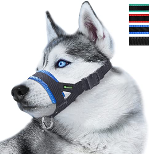 ILEPARK Maulkorb aus Nylon um Hunde vom Beisen, Bellen und Kauen abzuhalten, anpassbare Schlinge (M,Blau) von ILEPARK