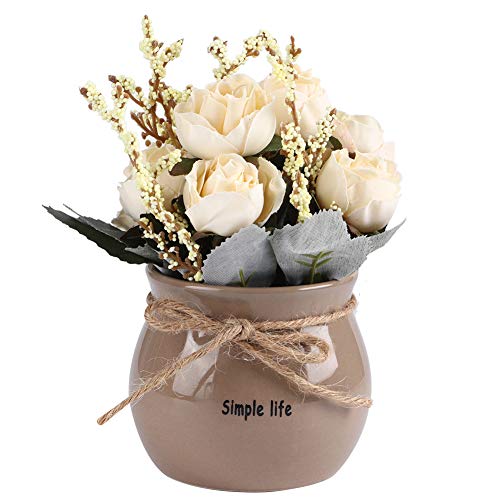 Mini Künstliche Topfblumen Keramikvase Kunstseide Rose Blume Topf Home Desktop Dekoration Ornament Weiß von Rockiny