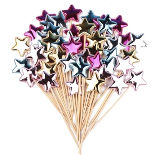 Rockreyoa 100 Stück Glitzer Zahnstocher Tortenstecker Herz Stern Cake Topper Handgemachtes Tortendeko Muffin Dekoration Glänzende Kuchen Topper für Hochzeiten Geburtstage Partys Stern Gemischte von Rockreyoa