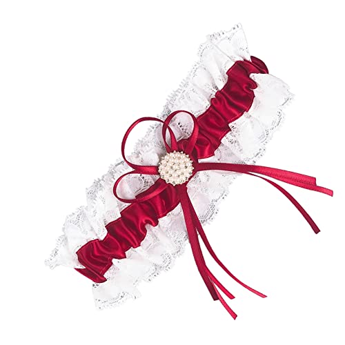 Rockreyoa Braut Strumpfband mit Perle Schleife Spitze Brautstrumpfband Weiß Rüschen Strumpfbänder Elastisch Hochzeitsstrumpfband Satin Bow Leg Band für Damen Brautgeschenk Brautaccessoires Tiefrot von Rockreyoa