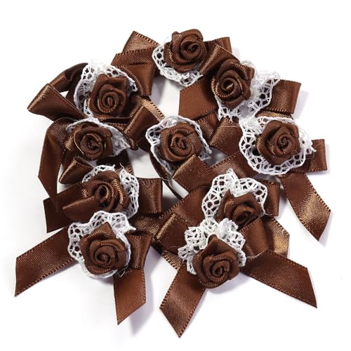 Rockreyoa Mini Satinband Schleifen Stoff Satinschleife Blume Bögen Ribbon Deko Satinschleifen Winzige Vorgefertigte Schleifen Bunte Geschenkschleifen für DIY Handwerk Nähen Tiefes Braun 40 Stück von Rockreyoa