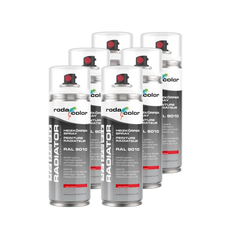 RodaColor Heizkörperspray Sprühlack 400ml RAL9010 Reinweiss 6er Set von RodaColor