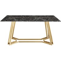 Design Esstisch mit Glasplatte schwarz marmoriert Metall Bügelgestell Goldfarben von Rodario