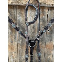 Dark Oil One Ear Halfter & Vorderzeug Set #oebk416 von RodeoDriveConchos