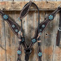 Dark Oil Turquoise Einohr-stirnband & Zaumzeug-Set Mit Blumenmuster #oebk433 von RodeoDriveConchos