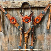 Leichtes, Mit Blumen Punziertes Orange Und Türkis Stirnband & Vorderzeug Tack Set #bbbb427 von RodeoDriveConchos