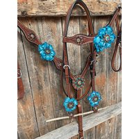 Medium Oil Korbgeflecht Teal Und Topaz Stirnband/One Ear Tack Set #bbbb452 von RodeoDriveConchos