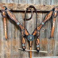 Zweifarbiges Einohr - Und Brusthalsband Set Im Mit Blatt Blümchen-Türkis #oebk430 von RodeoDriveConchos
