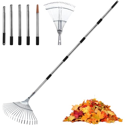 Rodison Laubrechen Verstellbar, Rechen Garten mit 22-Zinken & 5-Teiligem Abnehmbarem Edelstahlstiel, Laubbesen für Garten, Rasen und Hof (93-171 cm) -Rostfrei, Leicht Zerlegbar und Platzsparend von Rodison