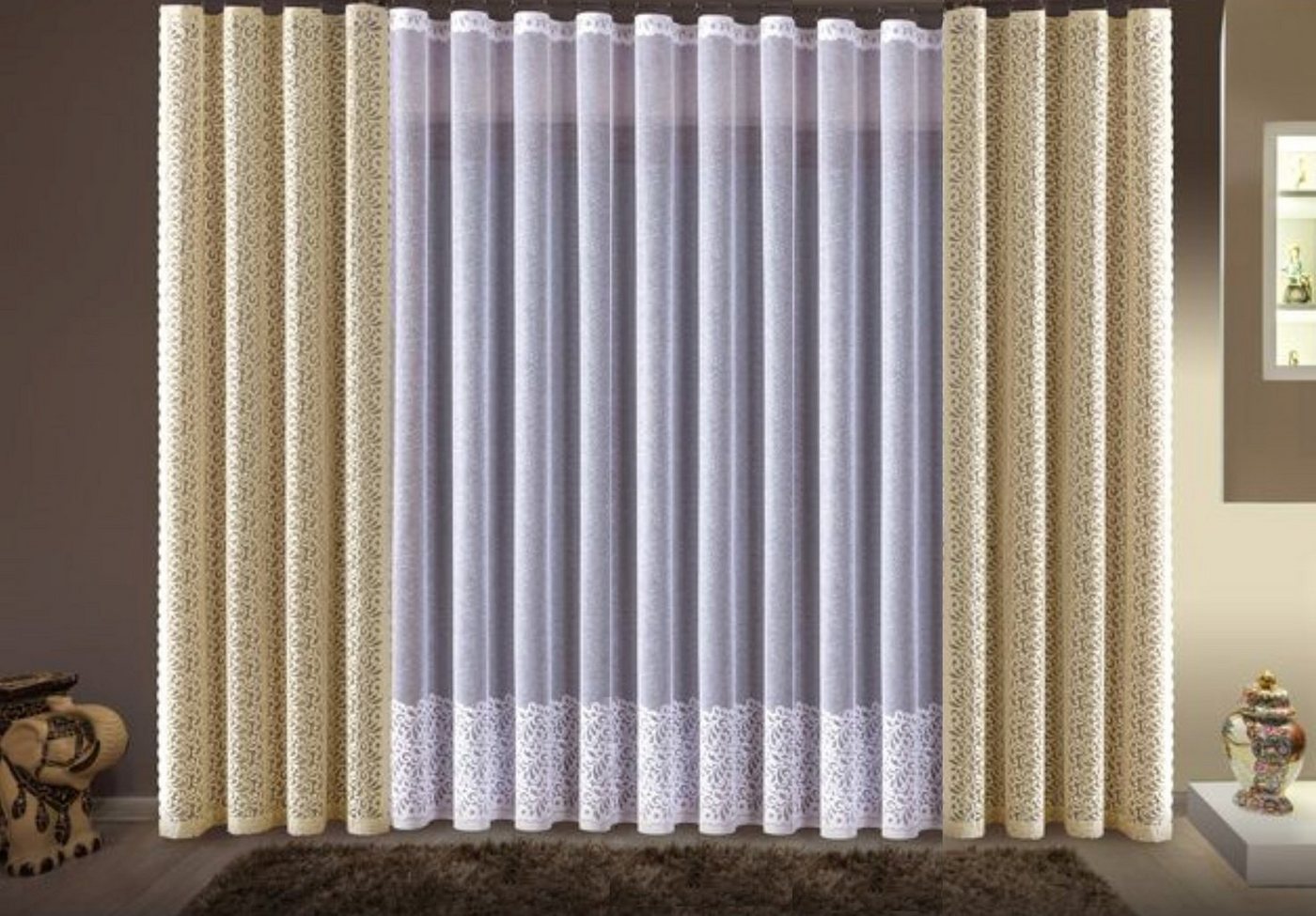 Gardine, Rodnik, Kräuselband (2 St), 2 oder 3 Tlg. Set in creme oder creme/weiß von Rodnik